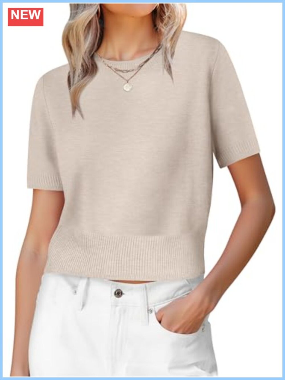Womens Cropped Crew Neck Short Sleeve Ribbed Knit Sweater Pullover